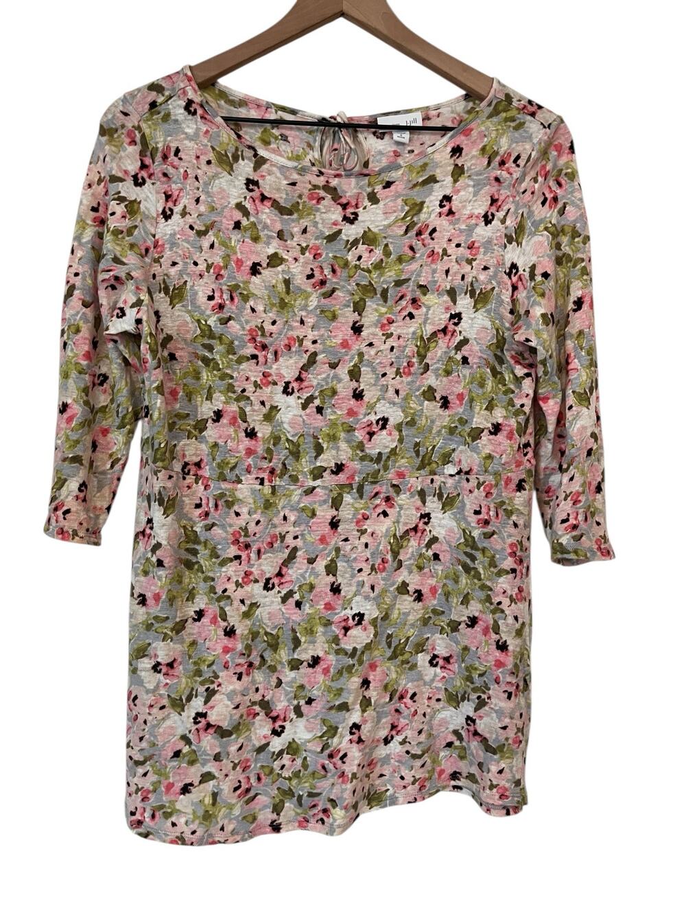 J JIll Love Linen 1005 Linen Floral 3/4 Sleeve Tunic Blouse Size Small Petite